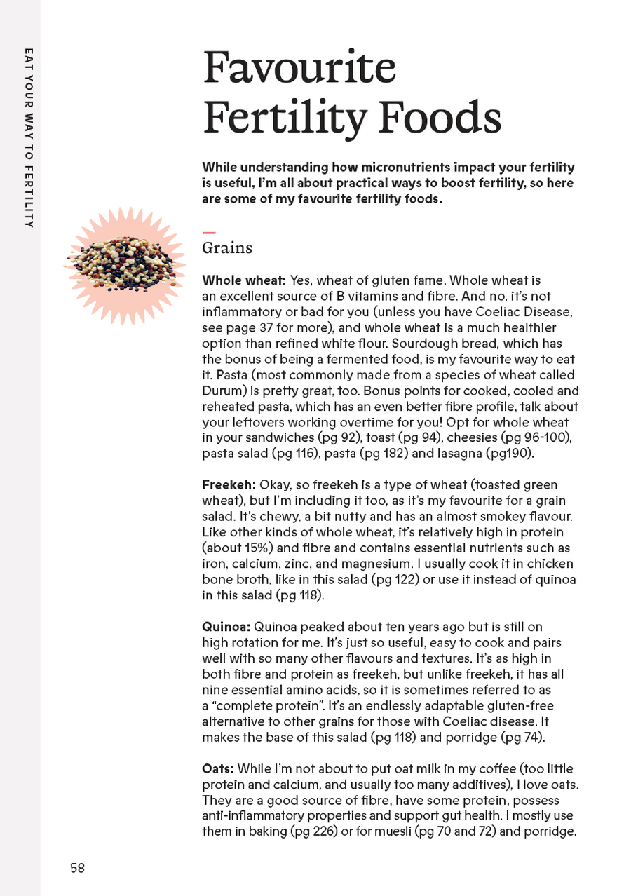 Favourite Fertility Foods page covering whole wheat, freekeh, quinoa and oats