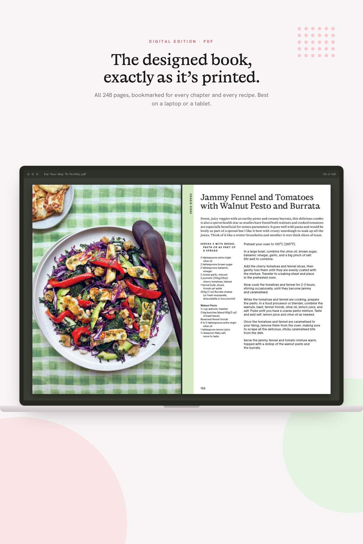 A two-page spread from Eat Your Way To Fertility open as a PDF on a laptop.