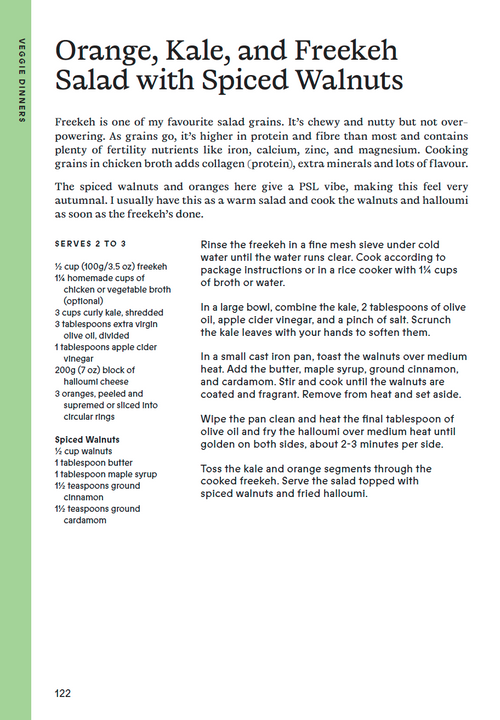 Orange, kale and freekeh salad with spiced walnuts recipe page