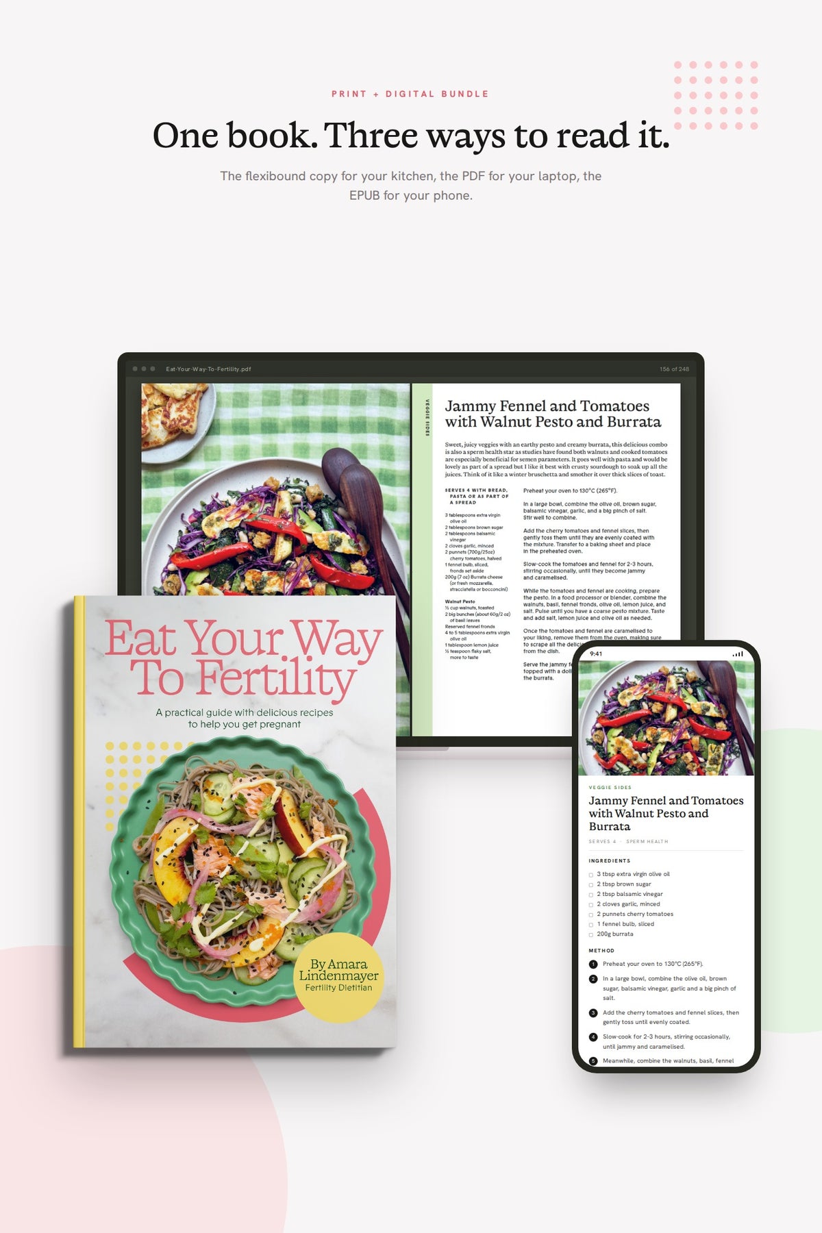 The Eat Your Way To Fertility printed cookbook alongside the PDF edition on a laptop and the EPUB edition on a phone.