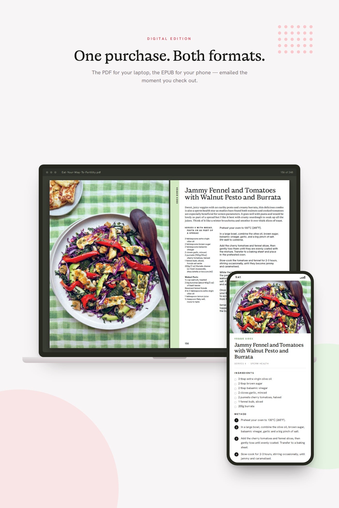 The Eat Your Way To Fertility PDF on a laptop beside the EPUB on a phone, both showing the jammy fennel recipe.