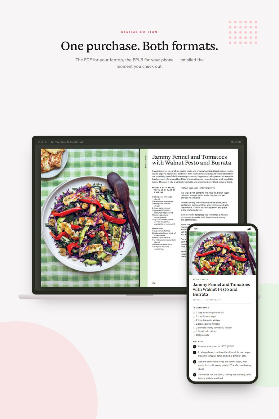 The Eat Your Way To Fertility PDF on a laptop beside the EPUB on a phone, both showing the jammy fennel recipe.